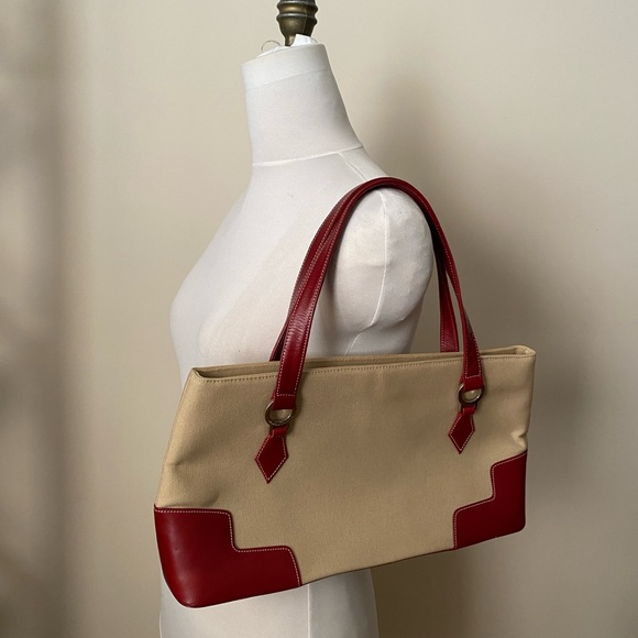 BCBG Max Azria Tan Canvas Red Leather Vintage Shoulder Bag - Picture 13 of 13